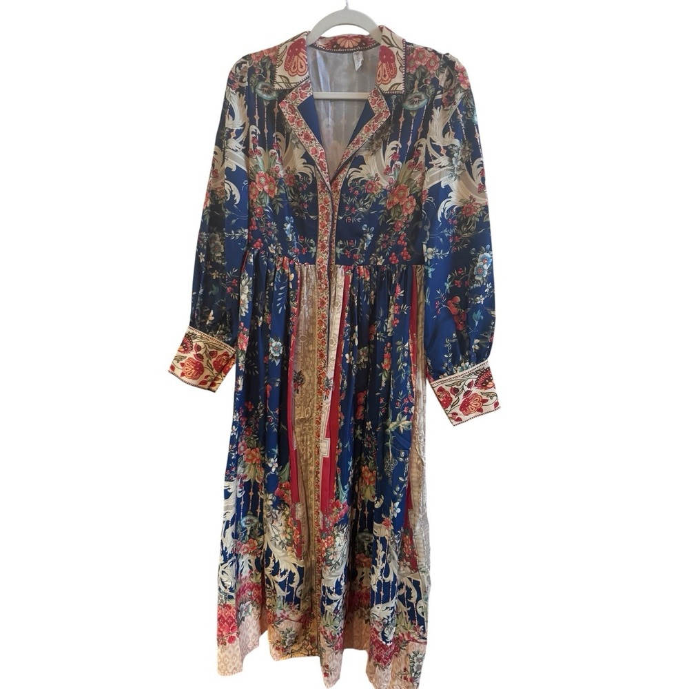 Nataliya‎ Boho Blue Peasant Floral Long Sleeve Maxi Dress Size Medium European